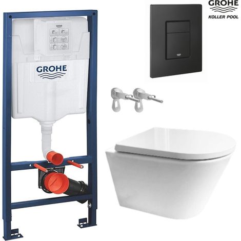 Bastidor GROHE pack cisterna empotrada y pulsador negro mate con inodoro susp VORTEX ORION TAPA ENVOLVENTE blanco brillo de KP