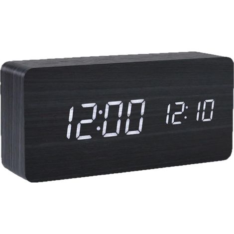 Digitaler Wecker aus Holz mit LED-Anzeige, Nachttischuhr aus Holz mit großem LCD-Bildschirm, Anzeige von Uhrzeit, Datum und Temperatur (schwarz) (1/5)