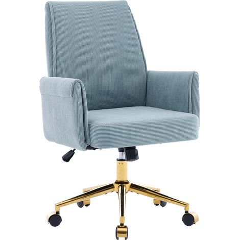 Chaise de bureau pivotante réglable en hauteur, dossier mi-haut ergonomique, velours côtelé bleu, base métal doré, pour travailler et étudier CHICFURN (1/5)