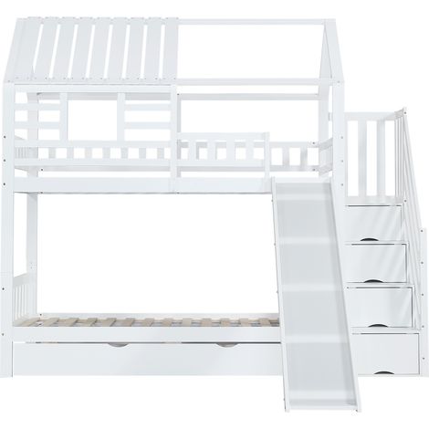 Litera infantil con forma de casa con tobogán y escalera con almacenaje, 90 x 200 cm, blanca (1/5)