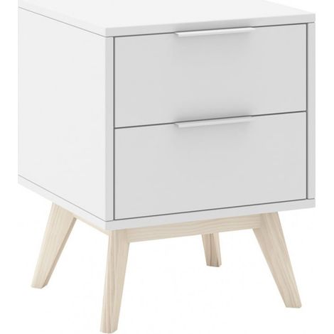 LAUPELL - Chevet Scandinave 2 Tiroirs Pin Massif Naturel et Blanc (1/5)