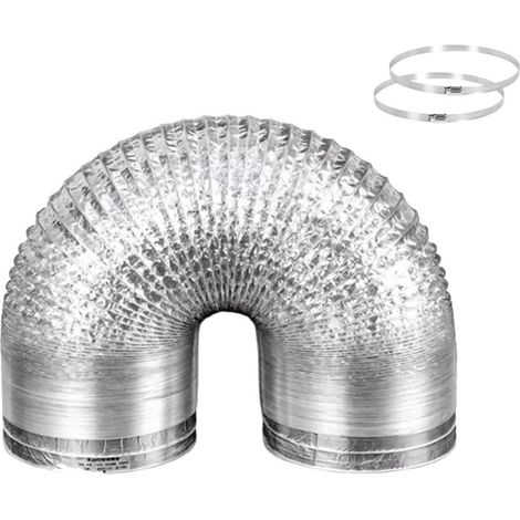(Diameter 160mm/Length 2m) Tuyau d'Evacuation Flexible, Gaine Ventilation en Aluminium avec 2 Colliers de serrage Inox pour Extracteur d'Air, Sèche-linge, hotte, VMC