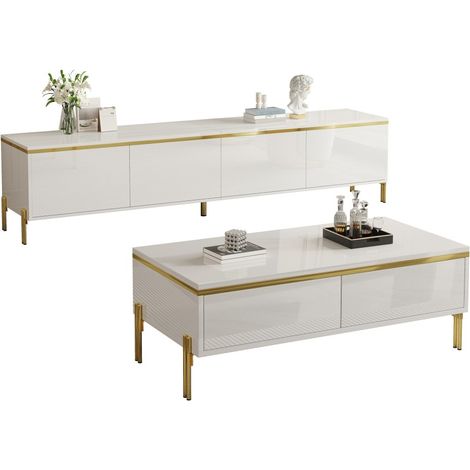 Ensemble Meuble TV et Table Basse Blanc Brillant et Doré - Rangement Salon avec Tiroirs et Portes - GL1661W (1/5)