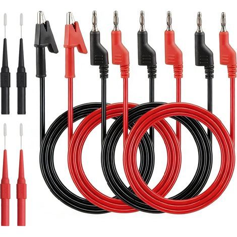 8 Pièces Câbles de Test de Multimètre avec Pinces Crocodiles, 4 Câbles de Fiche Banane de 4 mm avec 2 Sondes de Test, Câble de Mesure pour Voiture Industriel Tests Électriques Noir Rouge (1/5)