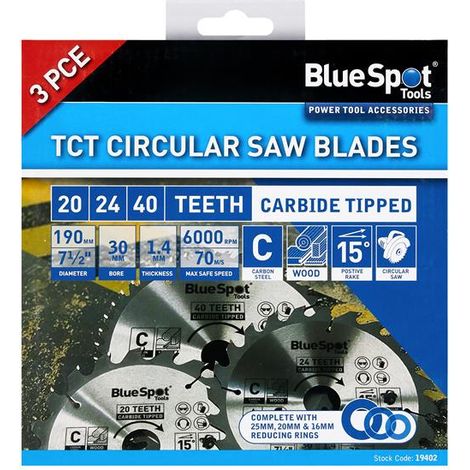 BlueSpot 190mm Circular Mitre Saw Blade 30mm Bore 25 20 16mm Rings 24 40 48T 3pc (1/2)