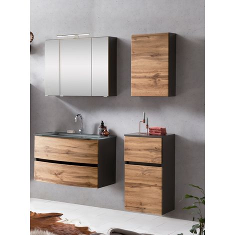 Badezimmermöbel Set 4-tlg. mit Glasbeck grau LAURIA-03 in Graphitgrau mit Wotaneiche Nb. mit LED-Beleuchtung, BxHxT: ca. 140x200x49 cm (1/5)