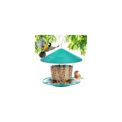 Trimec – Mangeoire à oiseaux suspendue grande capacité – Distributeur à graines pour petits oiseaux – Boîtier transparent – Protection pluie et neige
