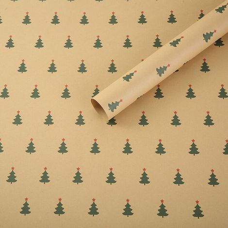 Pair Papier cadeau kraft de Noël 75 x 50 cm, écologique, motif sapin de Noël jaune, 5 pièces (1/5)