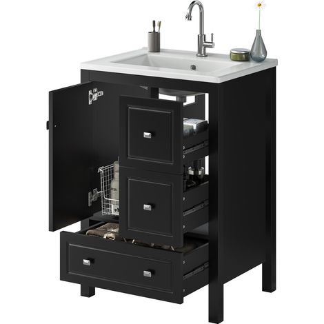 CHICFURN Mobile lavabo bagno 62x47x90 cm nero, lavabo in ceramica, 3 cassetti (1/5)
