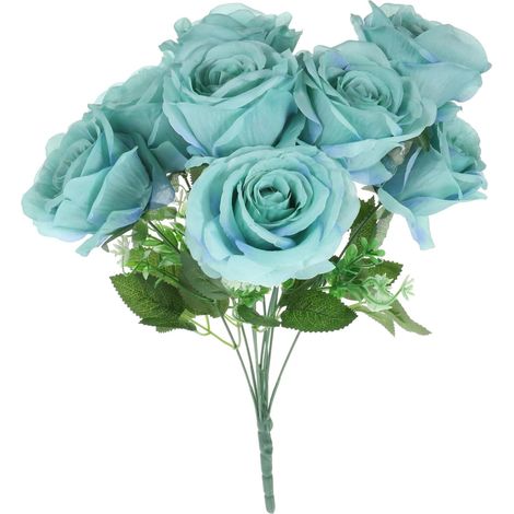 Ramo de rosas artificiales, azul lago, 9 cabezas, seda, decoración de interiores sin mantenimiento para bodas, oficinas y salas de estar, flores artificiales realistas, rosa artificial vibrante. (1/5)