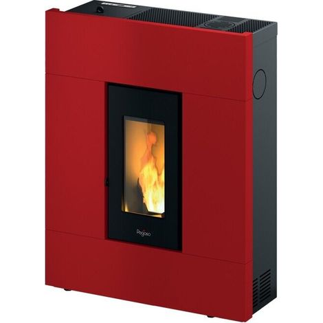 Poêle à granulés ventilé 7 kW rouge – Autonomie 16h – Rendement 88% – Évacuation des fumées arrière – Design compact – Pegaso
