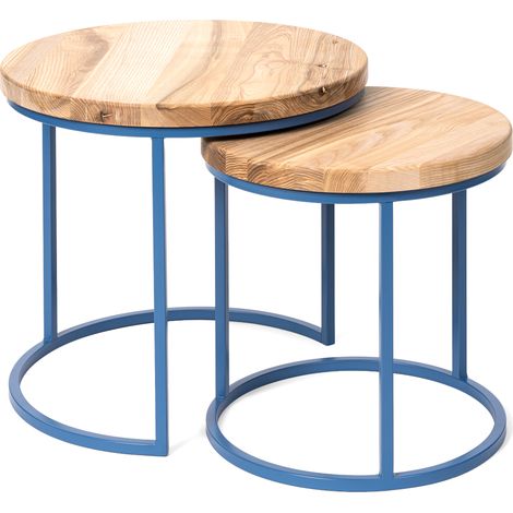 LAMO Manufaktur Table basse gigogne en bois rond - lot de 2 pièces - Table d'appoint bout de canapé pour salon, chambre à coucher - Tables basses industrielles - Couleur : naturel, pieds : bleu (1/5)