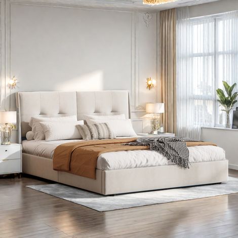 Lit Coffre 140x200 cm avec sommier LED, Lit double 140x200 avec rangement et tête de lit rembourré, Velours, Beige (1/5)