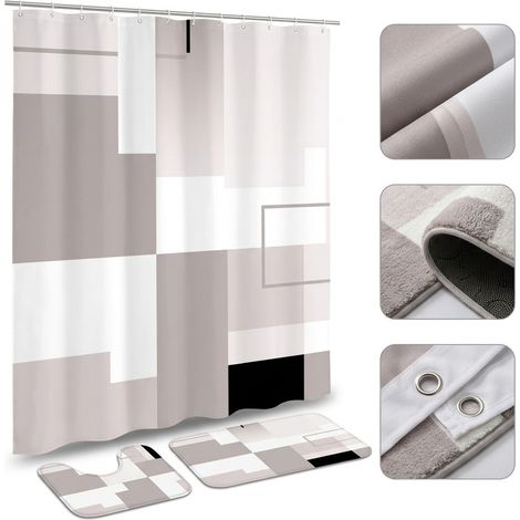 Set salle de bain polyester moderne, 4 pièces assorties gris et blanc, rideau de douche 180 x 180 cm, tapis 40 x 60 cm, tapis U et couvre-abatant, lavable en machine (1/5)