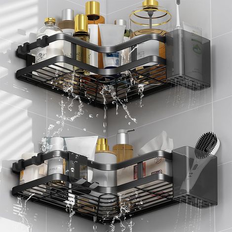 Lot de 2 Etagere Salle de Bain Accessoire, Etagere Douche Sans Percage, 5 Pcs Etagere Salle de Bain Sans Percage, Etagere de Douche Sans Percage for Bathrooms or Kitchens - Noir (1/5)