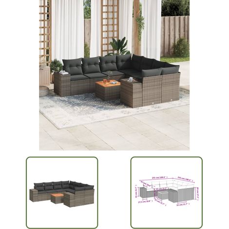 The Living Store Salon de jardin 9 pcs avec coussins gris résine tressée - Ensemble Salon De Jardin - Mobilier Extérieur - Canapé Jardin - Table Basse Jardin - Chaise Lounge (1/3)