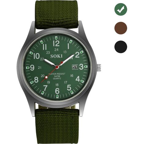 Montre-bracelet pour homme, style militaire, bracelet en nylon tissé, calendrier, montre à quartz, cadeau idéal pour les fêtes et Noël. (1/5)