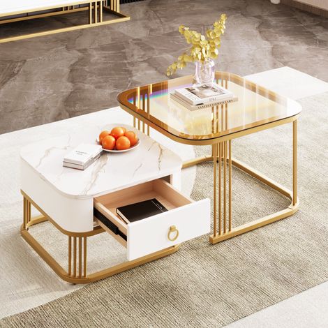 Set di 2 tavolini da salotto impilabili quadrati da 60 cm con piano in vetro, cassetti, vano contenitore e gambe in metallo - Bianco