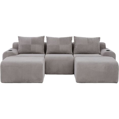ELVMI Canapé Modulaire 3 Places avec Porte-Gobelet et Poche Latérale, en Velours Côtelé, Gris Clair (1/5)