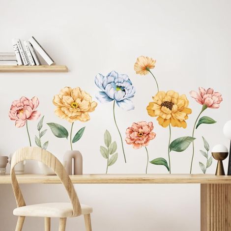 CSPARKV Stickers Muraux Aquarelle Fleur Autocollants Muraux Pivoine Coloré Floral Sticker Mural Amovible Sticker pour Salon Chambre Bureau Canapé Fond TV Décoration Murale (1/5)