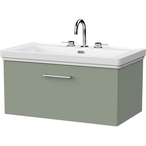 Pershall Contemporary Wall Hung 1 Drawer Vanity Unit with Traditional 3 Tap Hole Fireclay Basin, 800mm, Reed Green