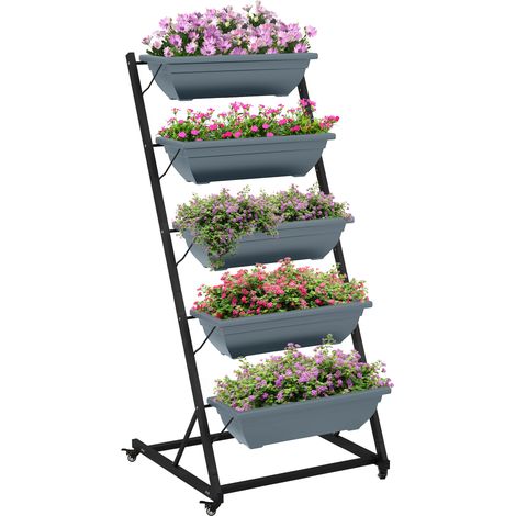 Pflanzentreppe Blumentreppe Pflanzenregal, stapelbar, wetterbeständig, 65 x 67 x 145 cm, Grau + Schwarz