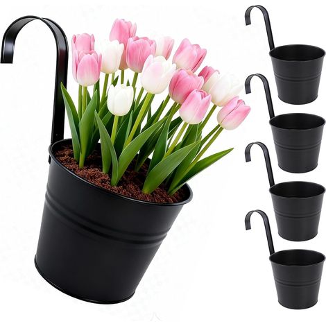 Lot de 4 Pots de fleurs suspendus, acier galvanisé, trou de drainage, démontable, pour balcon et jardin.