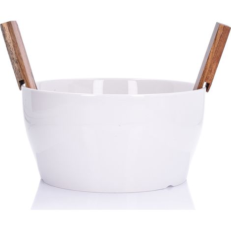 Salatschüssel mit Besteck, Porzellan, 24 cm, 3500 ml, Akazienholz (1/5)