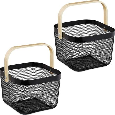 Panier de rangement, lot de 2, HxLxP : 17,5 x 26 x 24,5 cm, métal et bambou, avec anse, noir (1/5)