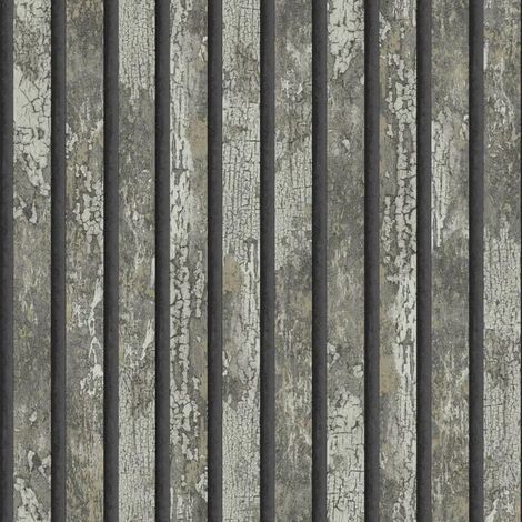 Fine Decor Carbon Oxidize Grey Wallpaper Wood Panel Rustic Metallic Feature Wall (1/4)