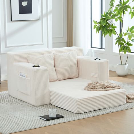 Canapé pouf en tissu beige 151 x 133 x 64 cm avec 2 coussins, accoudoirs et poches latérales de rangement, assise ergonomique pour salon – de FLORAGRACE (1/5)