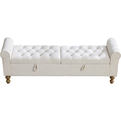 GagaBanquette velours beige avec rangement, 2 abattants, pieds en hévéa (1/5)