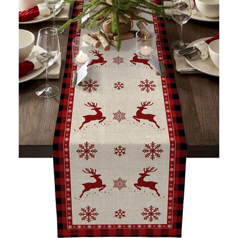 Chemin de table de Noël, Chemin de table rustique avec flocons de neige et élans pour les fêtes de fin d'année, la cuisine, la salle à manger et la décoration intérieure. (1/5)