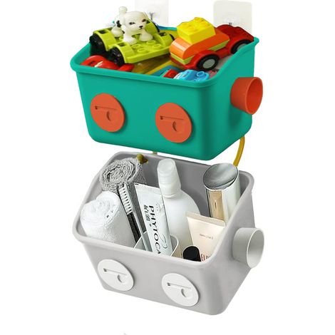 Panier de rangement pour jouets de bain - Lot de 2 étagères murales suspendues pour douche avec crochets, sans perçage, adhésives, pour la modélisation de robots, étagère de rangement pour la cuisine (1/5)