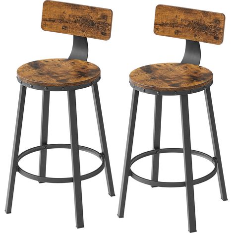 Tabourets de Bar, Lot de 2, Chaises de Cuisine, avec Structure en Métal, Hauteur de 62,5 cm, Design Industriel, Marron et Noir