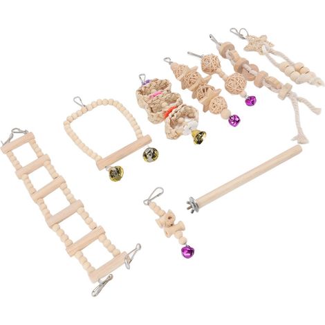 Ensemble de 9 jouets pour perroquets : balançoire, clochette à mâcher, bois naturel, sécurité et multifonctionnel. (1/5)