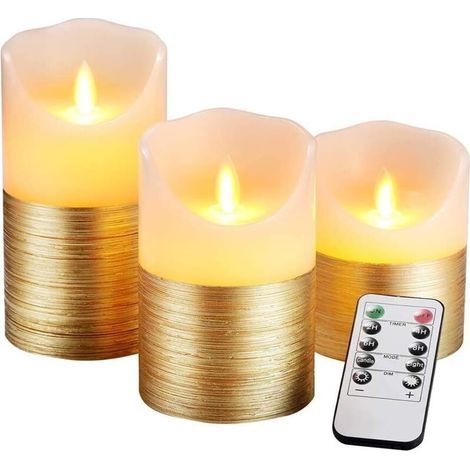 3 Set Or Bougies LED sans Flamme Fonctionne sur Batterie aveCôtélécommande à 10 Touches et Minuterie Cycliste 24 Heures, Vraie Cire Flickering Moving Mèche Scintillante Lumière Jaune Ambre- (1/5)