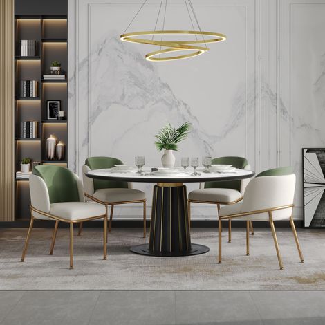 Sedia da pranzo minimalista con gambe in ferro, piedini regolabili, verde e dorato (1/5)