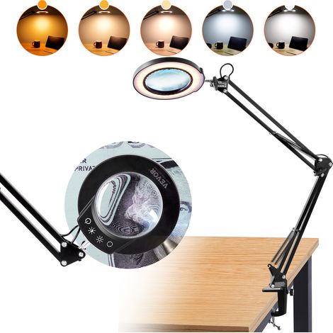 VEVOR Lámpara de Aumento 5X 64 LED en 5 Colores y 5 Brillo Ajustable Lupa de Lectura con Iluminación y Abrazadera Lente de Vidrio 11 cm para Trabajos de Precisión Reparación Costura Reloj Artesanía