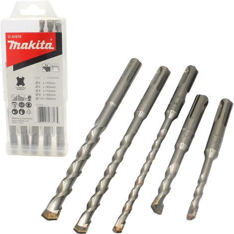 Makita – Coffret de 5 forets à métaux SDS-Plus D61678 – 2 taillants pour béton – Longueur de travail 50/100mm – Ø 6/8/10mm