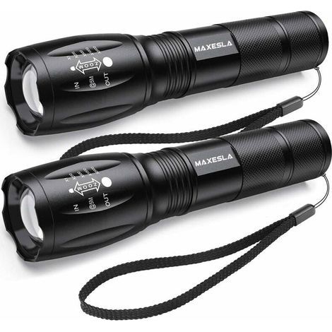Lampe Torche LED Ultra Puissante, 2000 Lumens Lampe de Poche, IP65 Étanche Lampe Tactique, Zoomable, 5 Modes D'éclairage, Antichoc Anti-dérapant pour Camping Randonnée Urgence, Lot de 2 [Classe énergé (1/4)