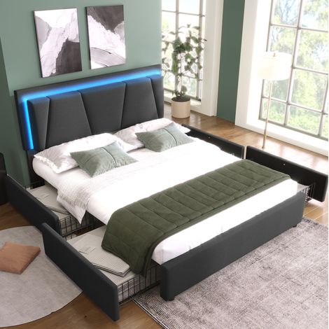 Letto imbottito in legno grigio 140x200 cm con LED, 4 cassetti e testiera regolabile (1/5)