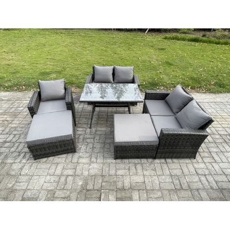 Fimous Garden Dining Set Wicker PE Rattan Outdoor Furniture Sofa with Rectangular Dining Table Double Seat Sofa 2 Big Footstool Armchair Dark Grey Mixed (1/5)