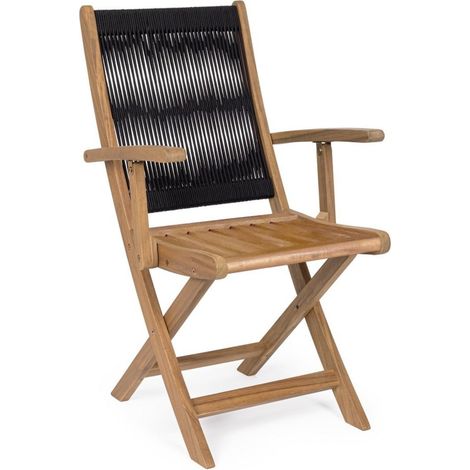 Sedia pieghevole "Danubio" struttura in legno di acacia, con intreccio in corda, ideale per interno ed esterno -Senza Braccioli/Nero / Confezione da 1 pezzo