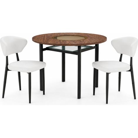 Modernes rundes Esszimmer-Set, 1 Tisch 100 cm in Holzoptik mit 2 weißen PU-Stühlen (1/5)