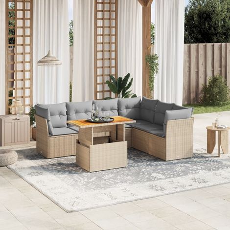 Canapé d'extérieur 7 pièces en résine tressée beige avec coussins gris – Table réglable 100x55 cm, siège modulaire et housse lavable (1/3)