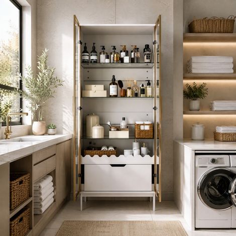 Haut buffet vitré avec étagères réglables, tiroir, décor ondulé, pieds métal, MDF blanc et doré (1/5)
