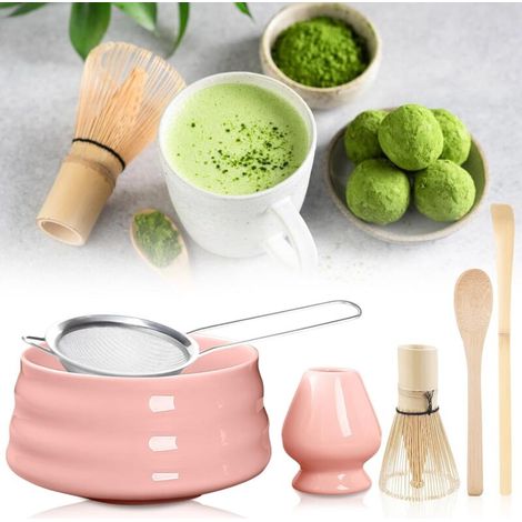 Lot de 6 accessoires pour thé matcha en céramique rose – bol, fouet, cuillère, passoire et porte-fouet – set complet japonais