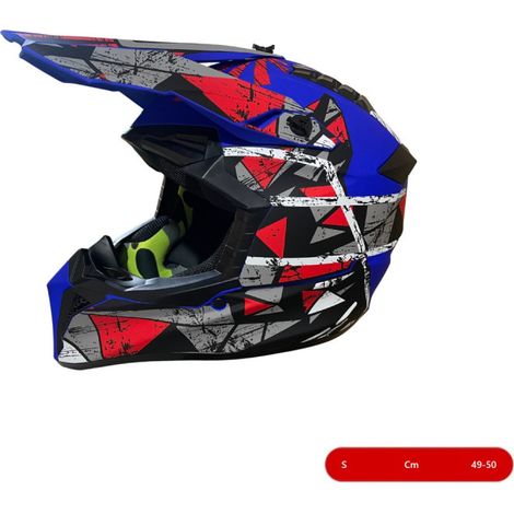 Kinder-Motocross-/Enduro-Helm für Motorrad, ATV, Fahrrad – Größe S (49–50 cm), mattblau mit rot-grauem Design