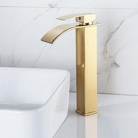 Robinet de lavabo de Salle de Bain Cascade Noir, Bec Cascade, mitigeur de lavabo, Robinet de Cuisine doré, Haut et Court, chromé (Couleur Noire) (1/4)